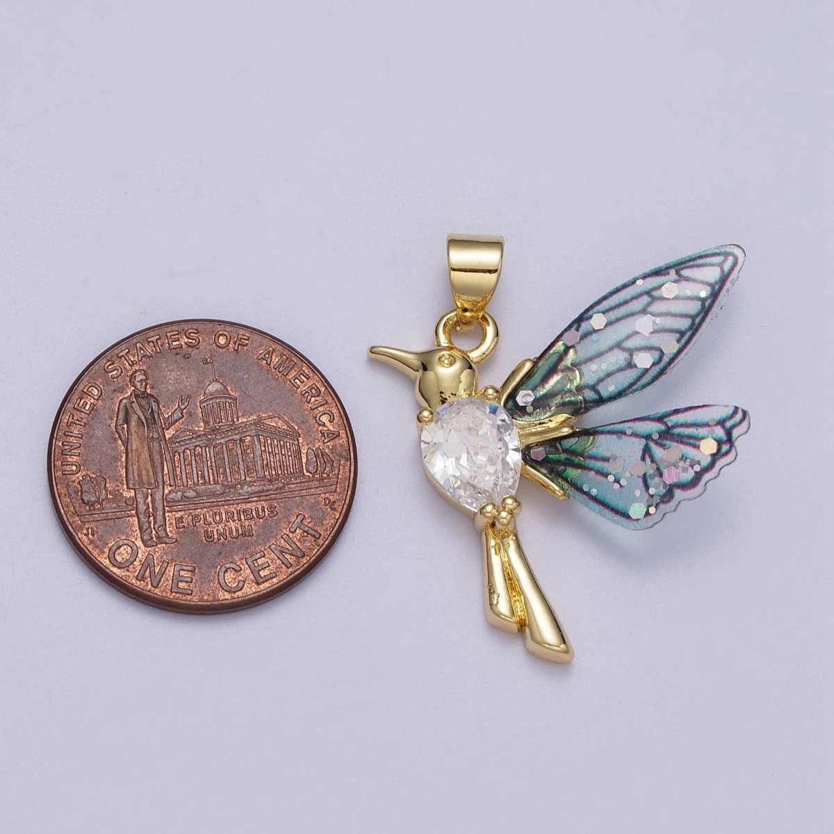 24K Gold Filled Blue, Fuchsia Hummingbird Fairy Wings Teardrop CZ Pendant I-094 I-152 - DLUXCA