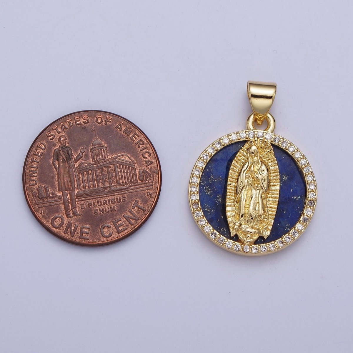 24K Gold Filled Blue Lapiz Lady Guadalupe Medallion, Micro Pave Religious Virgin Mother Mary Round Charm For Jewelry Making X-430 - DLUXCA