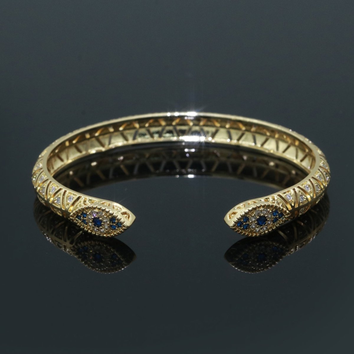 24K Gold Filled Blue Micro Paved Evil Eye Hamsa Hand Adjustable Bangle Bracelet | WA-142 Clearance Pricing - DLUXCA