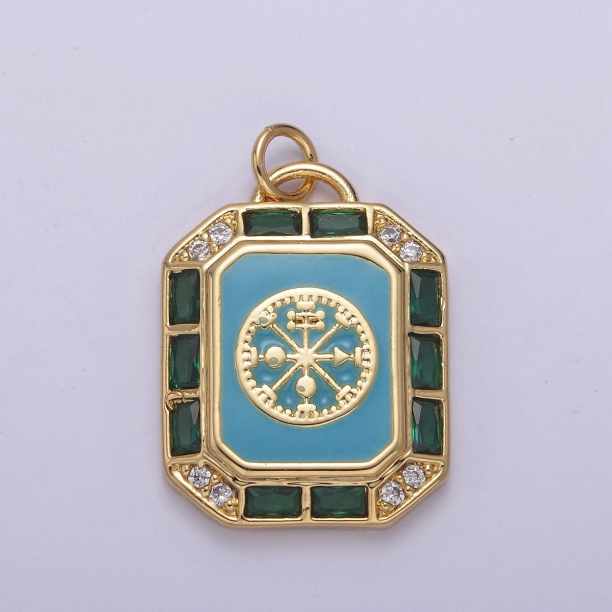 24K Gold Filled Blue / Teal Enamel Tag Tile Compass Baguette Octagonal Charm E-774 N-746 - DLUXCA