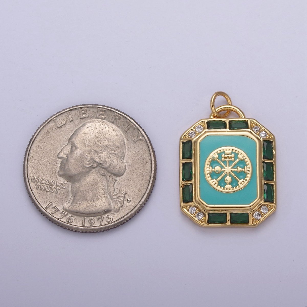 24K Gold Filled Blue / Teal Enamel Tag Tile Compass Baguette Octagonal Charm E-774 N-746 - DLUXCA