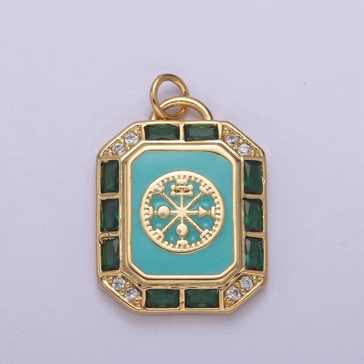 24K Gold Filled Blue / Teal Enamel Tag Tile Compass Baguette Octagonal Charm E-774 N-746 - DLUXCA