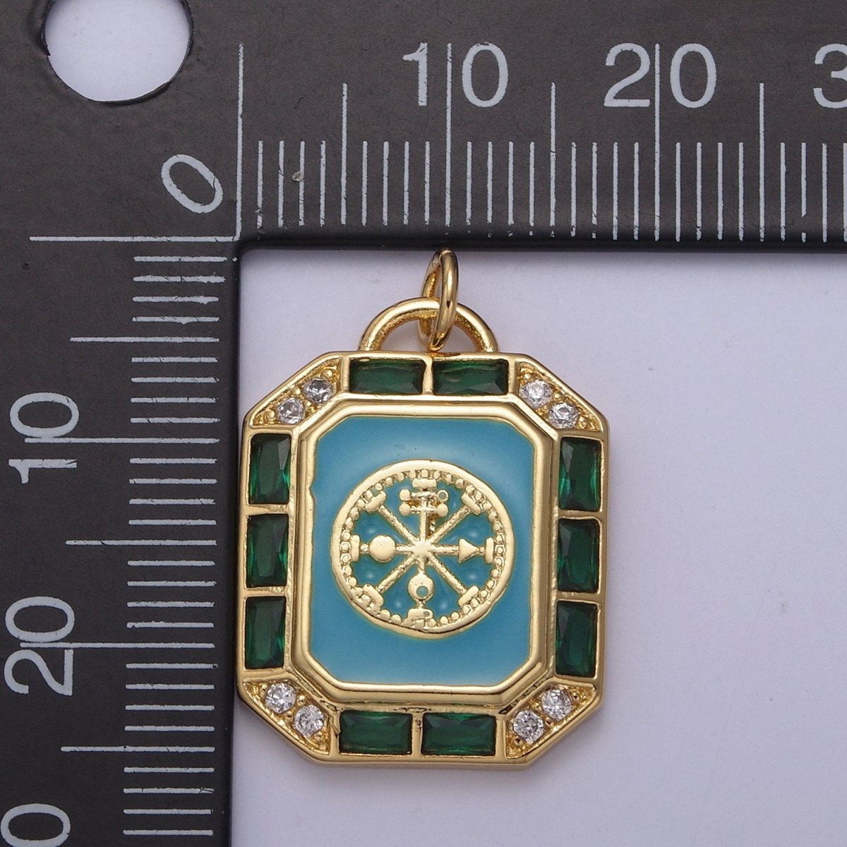 24K Gold Filled Blue / Teal Enamel Tag Tile Compass Baguette Octagonal Charm E-774 N-746 - DLUXCA
