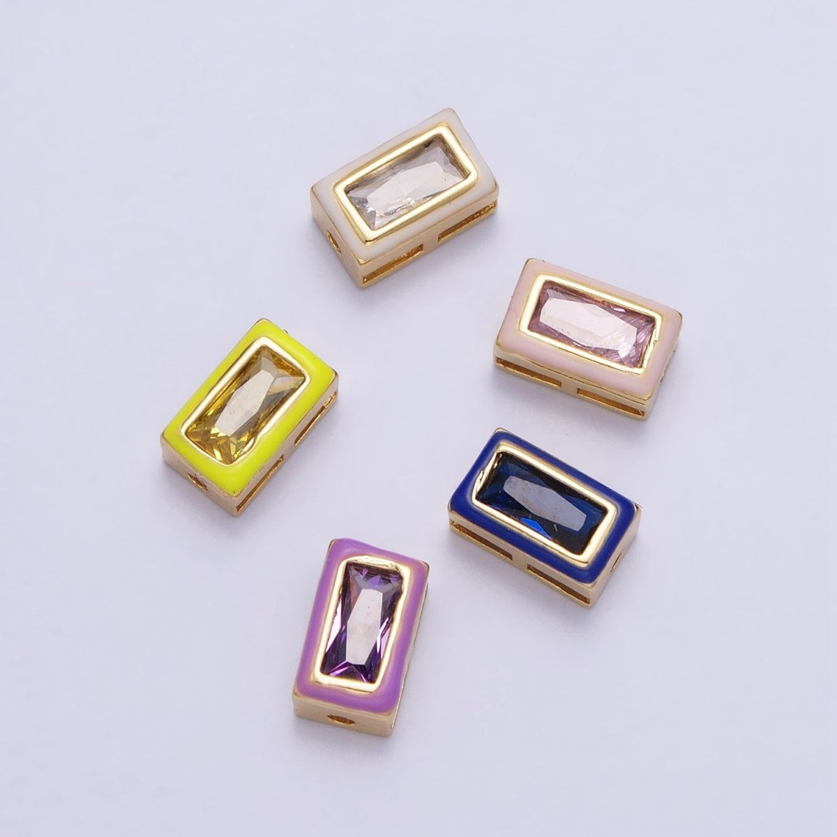 24K Gold Filled Blue, Yellow, Clear White, Pink, Purple Baguette Stone Rectangle Enamel Bead | B-165 B-170 B-174 B-175 B-178 - DLUXCA