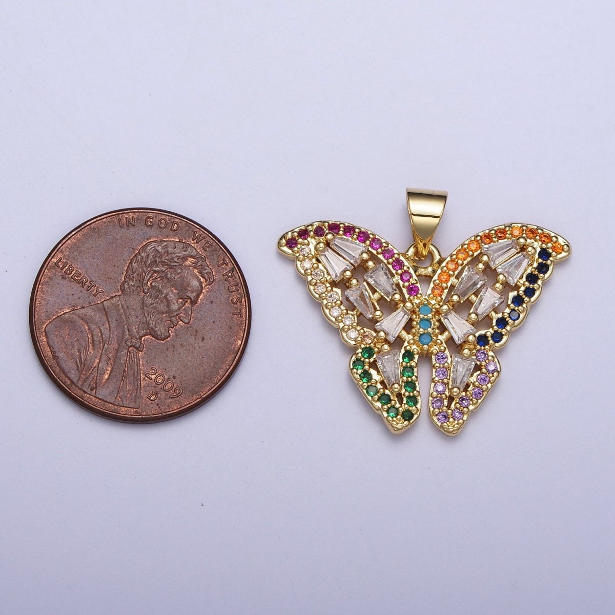 24K Gold Filled Butterfly Mariposa Multicolor Micro Paved Baguette Pendan H-351 - DLUXCA