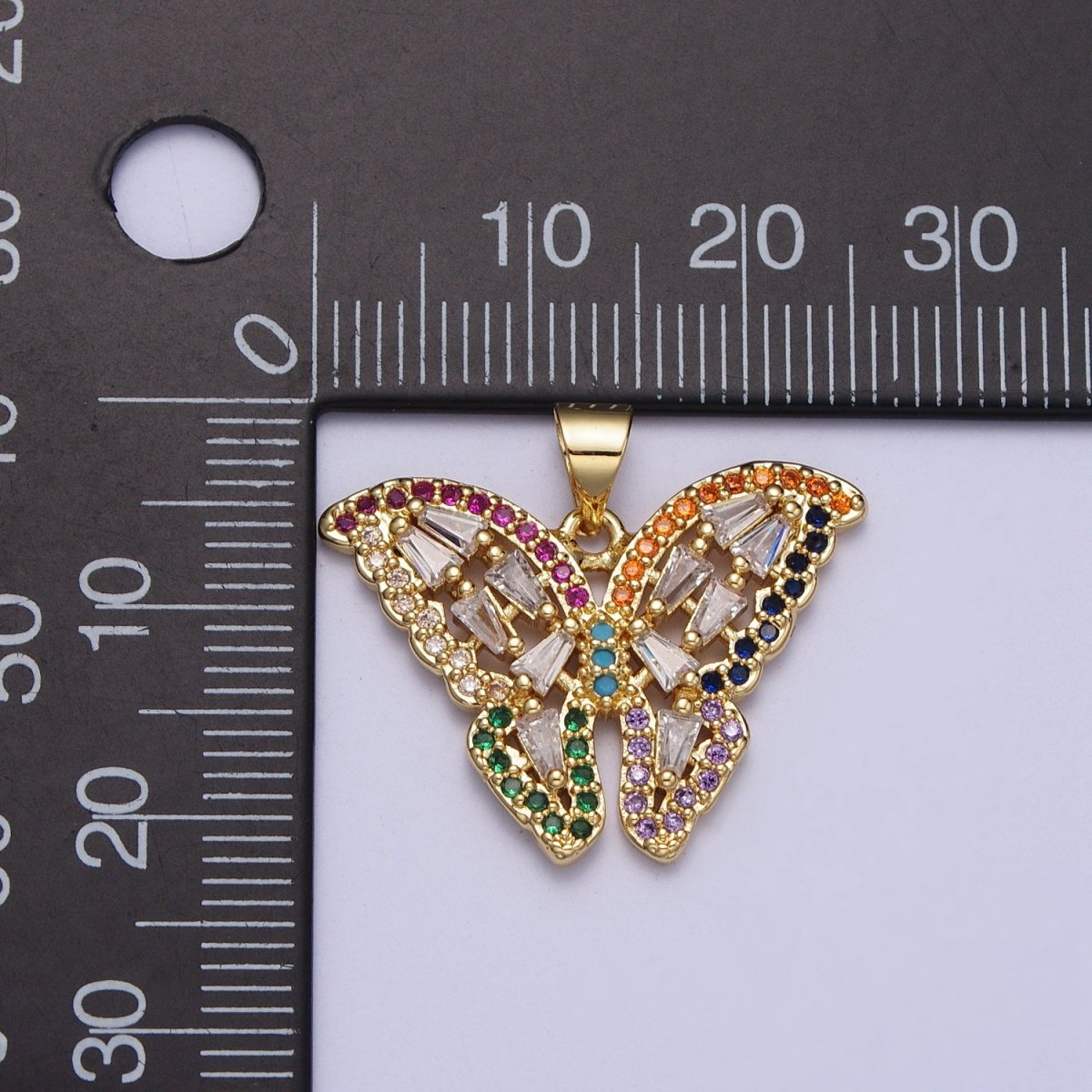 24K Gold Filled Butterfly Mariposa Multicolor Micro Paved Baguette Pendan H-351 - DLUXCA