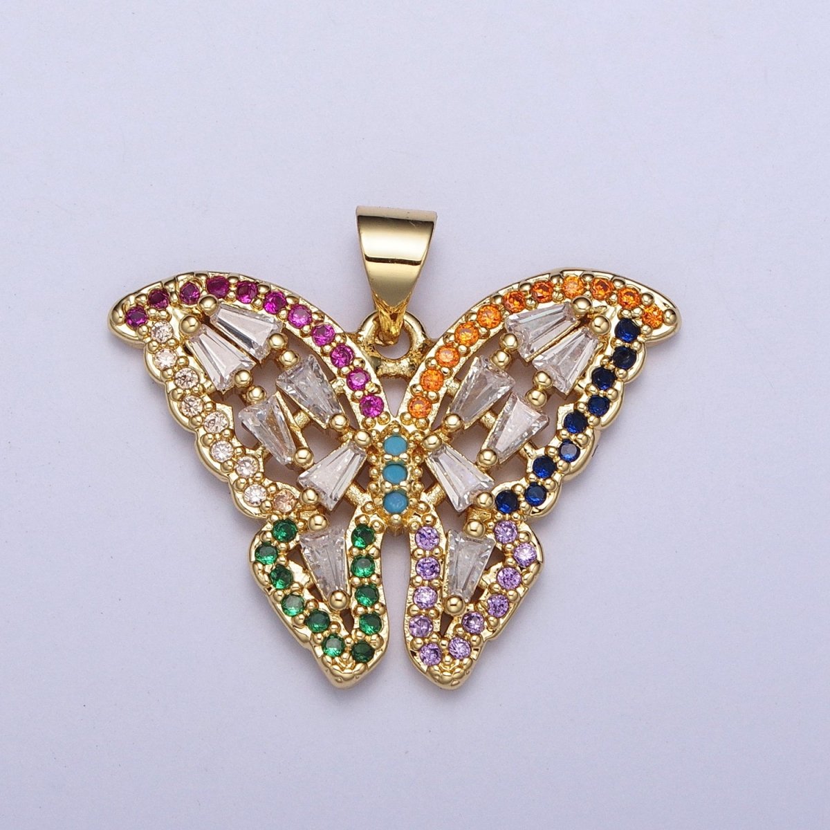 24K Gold Filled Butterfly Mariposa Multicolor Micro Paved Baguette Pendan H-351 - DLUXCA