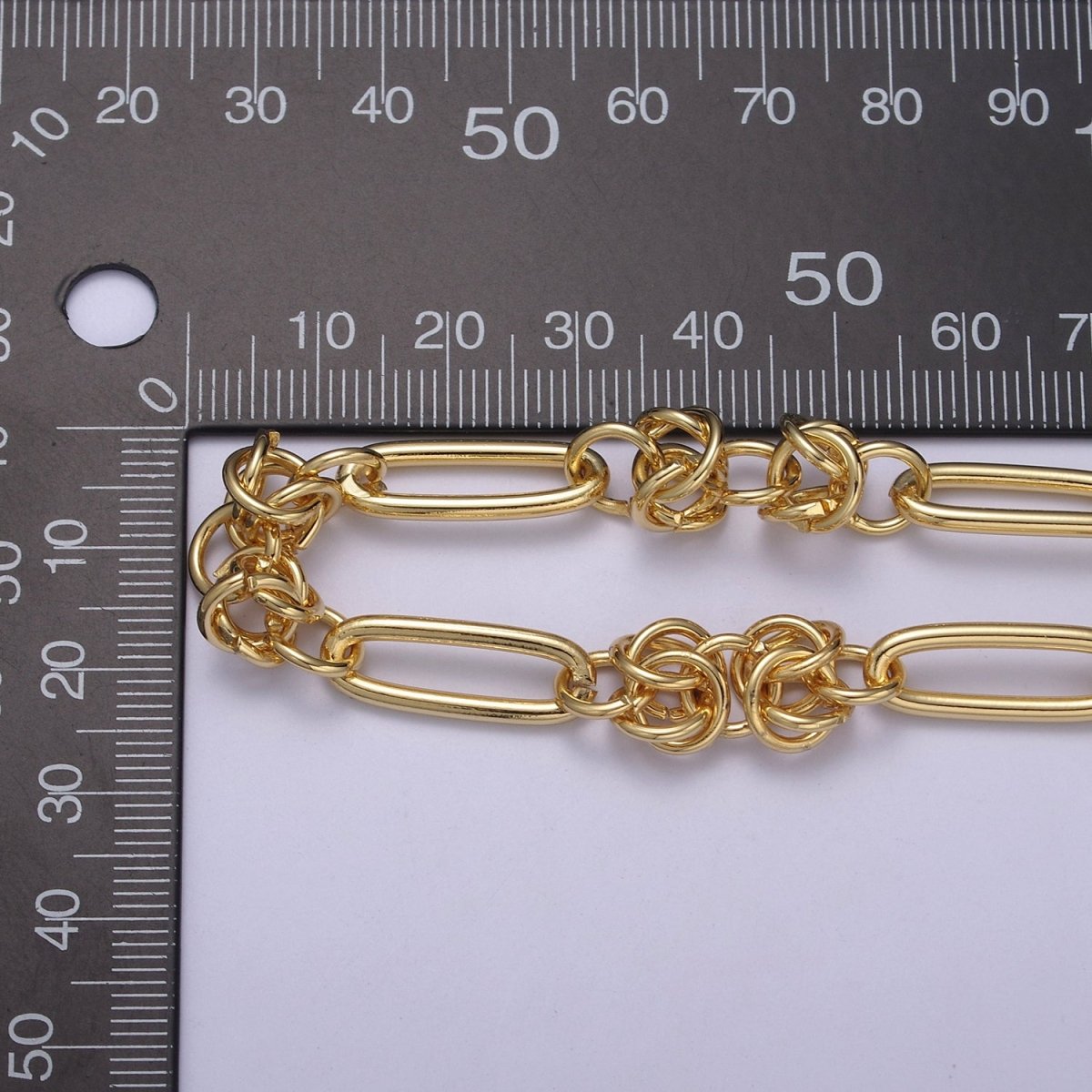 24K Gold Filled Byzantine Birdcage Paperclip Unfinished Chain Supply Component, 21X7.8mm Paper Clip Chain with Multiple 8mm Round Rolo Link | ROLL-648 Clearance Pricing - DLUXCA