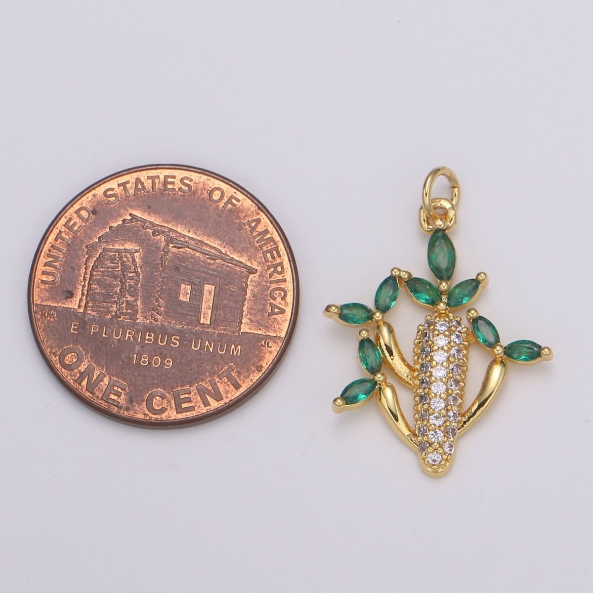 24k Gold FIlled Cactus green leaf CZ Charm, Succulent Zirconia Pendant, Corncob Cubic Pave for DIY craft making E-199 - DLUXCA