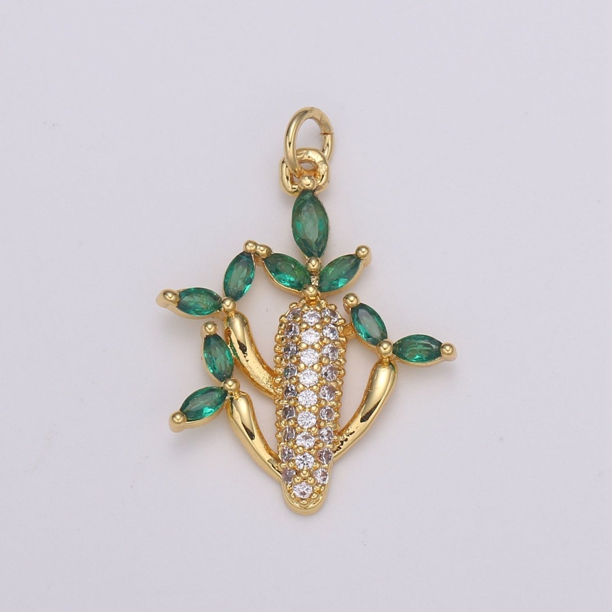 24k Gold FIlled Cactus green leaf CZ Charm, Succulent Zirconia Pendant, Corncob Cubic Pave for DIY craft making E-199 - DLUXCA