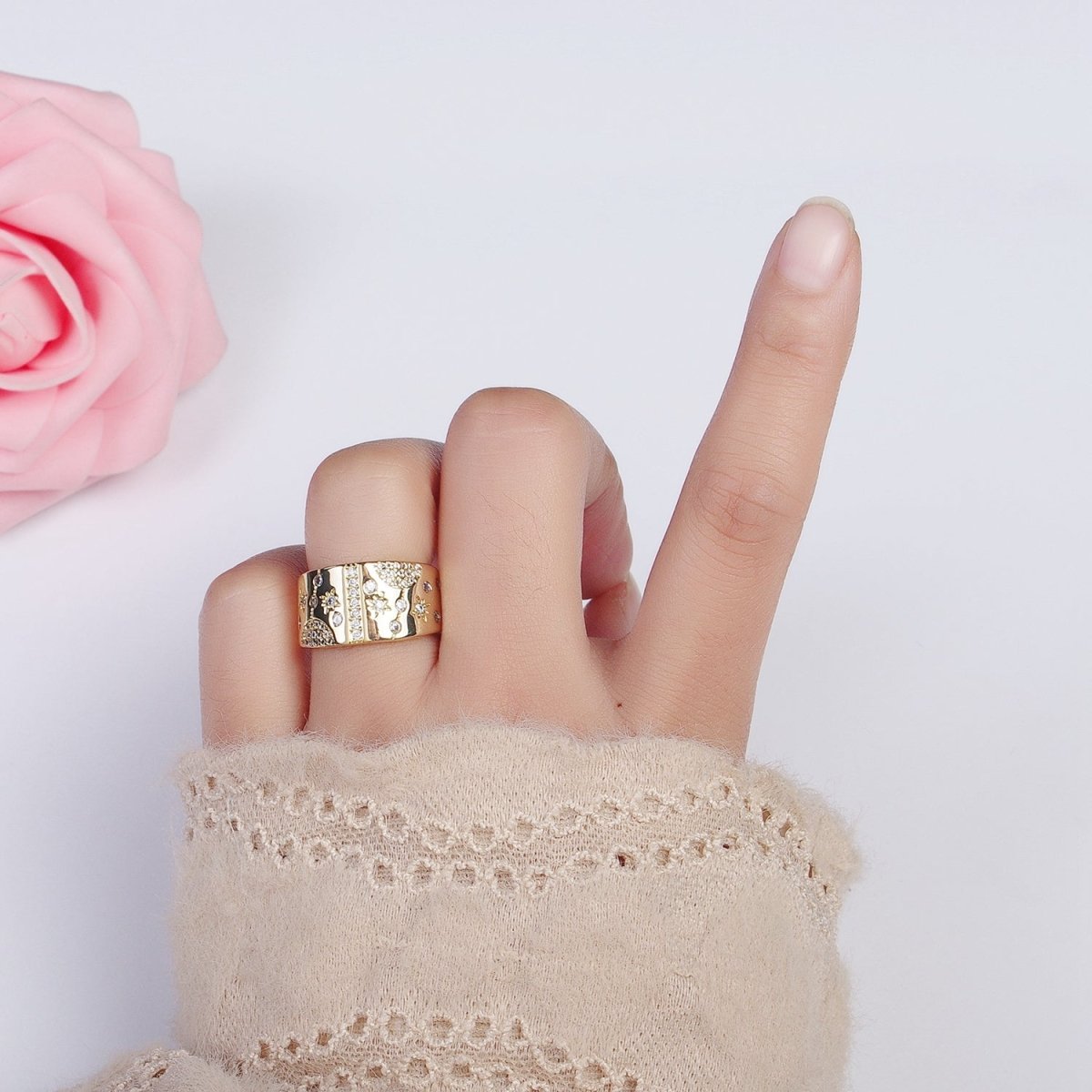 24K Gold Filled Celestial Planet Stars Micro Paved CZ Statement Ring in Gold & Silver | Y-600 Y-601 - DLUXCA