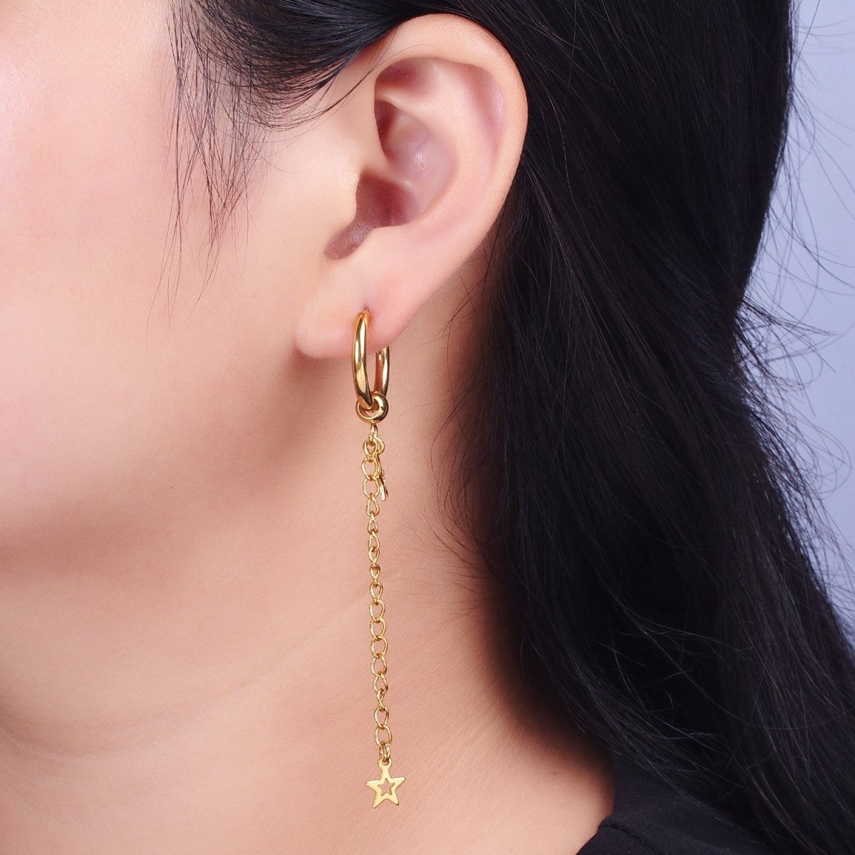 24K Gold Filled Celestial Star Chain Drop Huggie Drop Earrings | Y-179 - DLUXCA