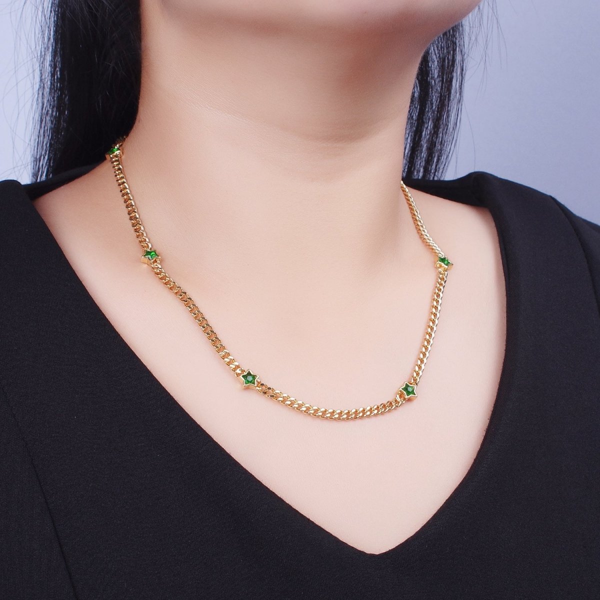 24K Gold Filled Celestial Star Cubic Zirconia 18 Inch Curb Chain Necklace | WA-1271 WA-1273 WA-1357 WA-1359 Clearance Pricing - DLUXCA