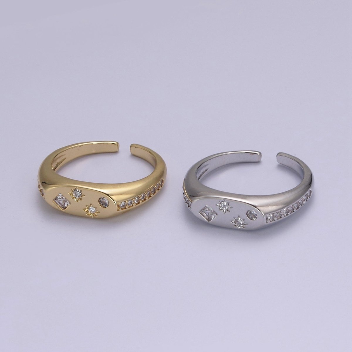 24K Gold Filled Celestial Star Cuff Ring, Micro Pave Crystal Cubic Zirconia CZ Flat Signet Ring in Gold & Silver S-321 S-322 - DLUXCA