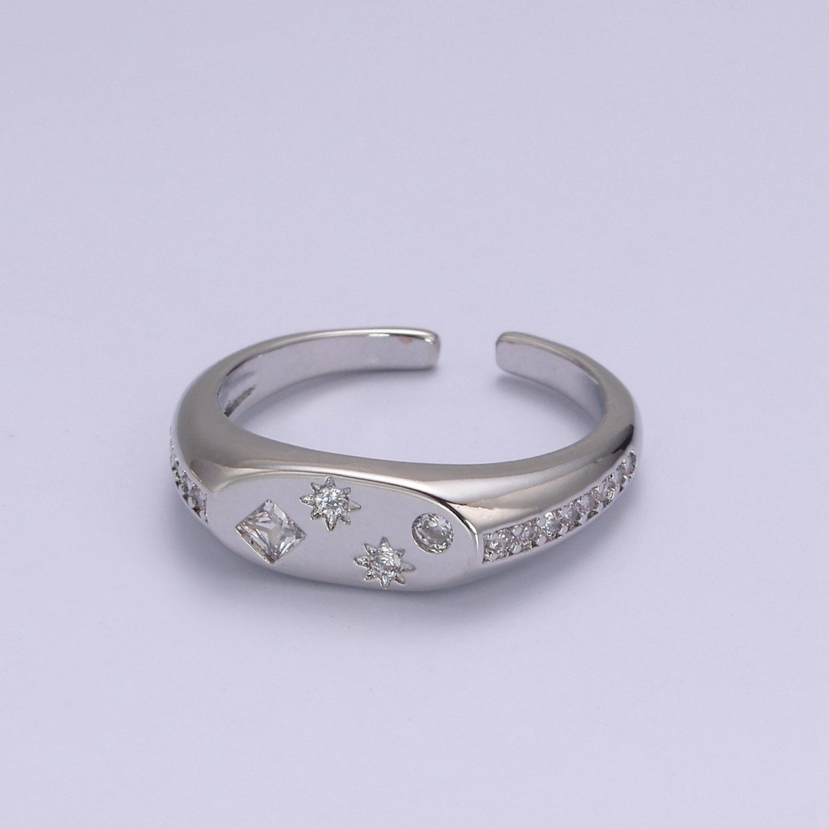 24K Gold Filled Celestial Star Cuff Ring, Micro Pave Crystal Cubic Zirconia CZ Flat Signet Ring in Gold & Silver S-321 S-322 - DLUXCA