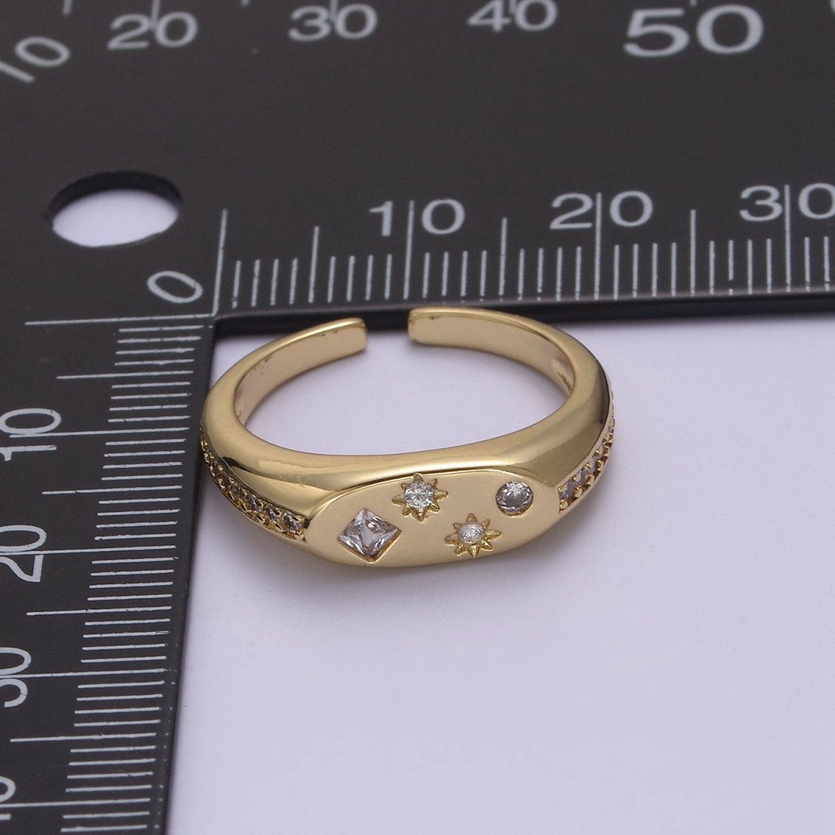 24K Gold Filled Celestial Star Cuff Ring, Micro Pave Crystal Cubic Zirconia CZ Flat Signet Ring in Gold & Silver S-321 S-322 - DLUXCA