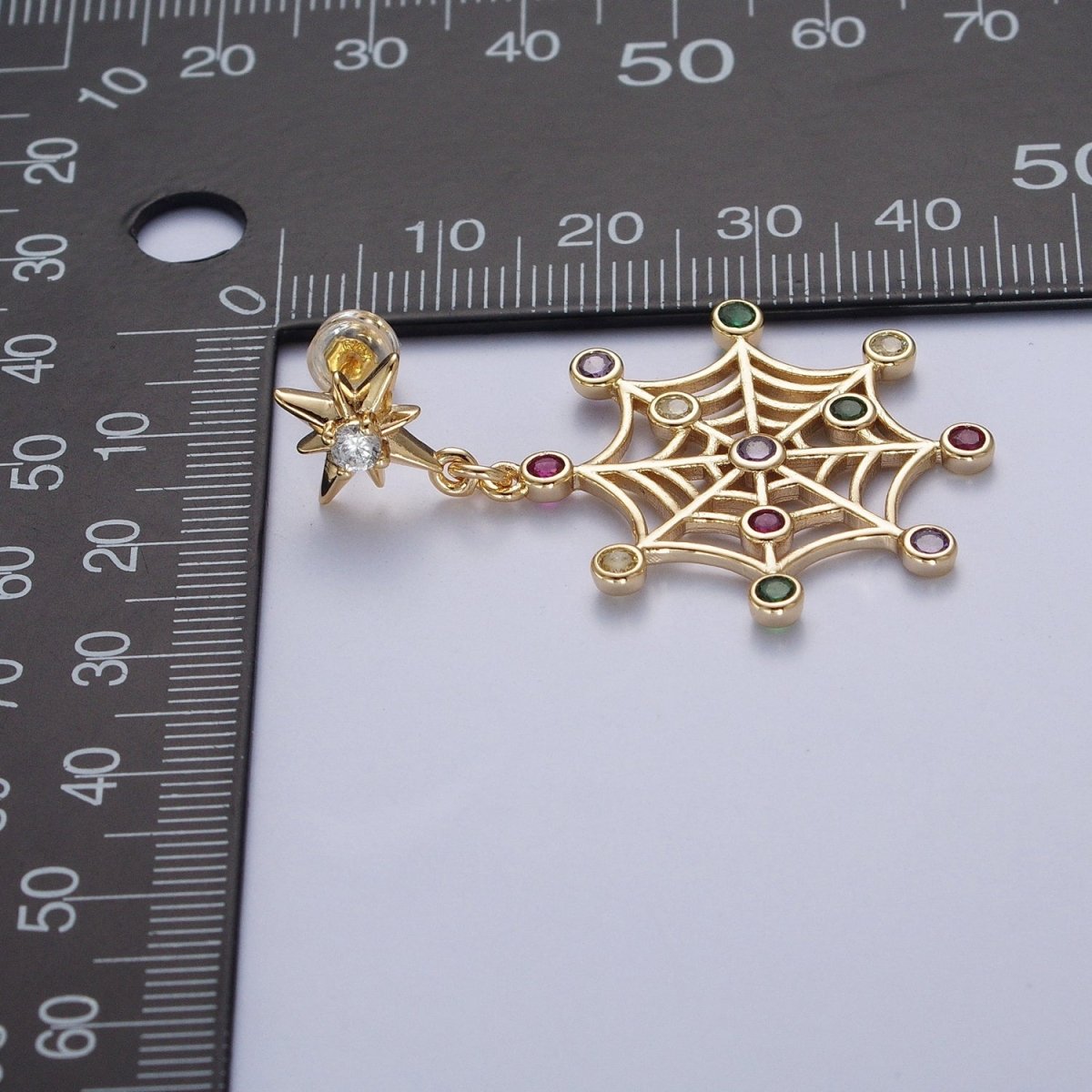 24K Gold Filled Celestial Star Stud with Multicolor Round Cubic Zirconia CZ Spiderweb Dangle Earrings | X-820 - DLUXCA