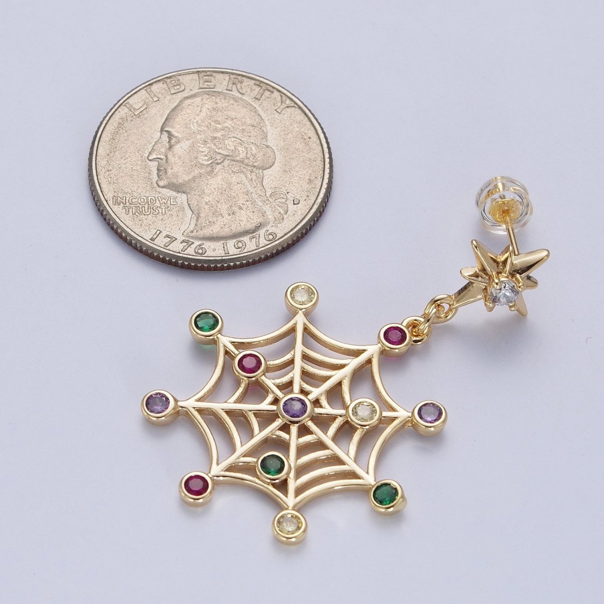 24K Gold Filled Celestial Star Stud with Multicolor Round Cubic Zirconia CZ Spiderweb Dangle Earrings | X-820 - DLUXCA
