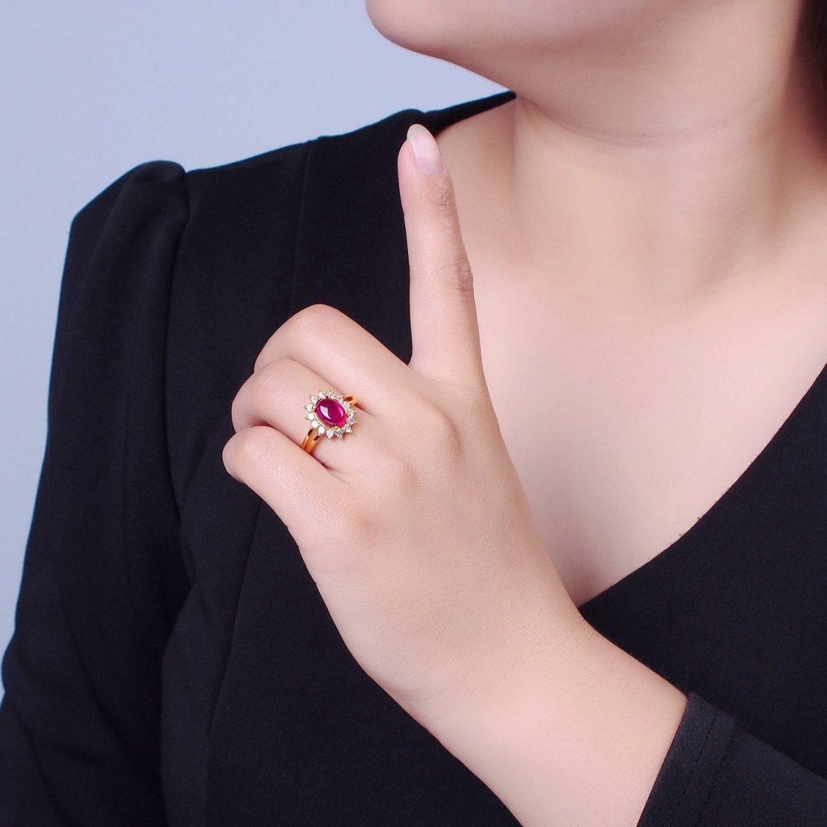 24K Gold Filled Celestial Sun Ring with Oval Fuchsia Jade Stone O-769 - DLUXCA