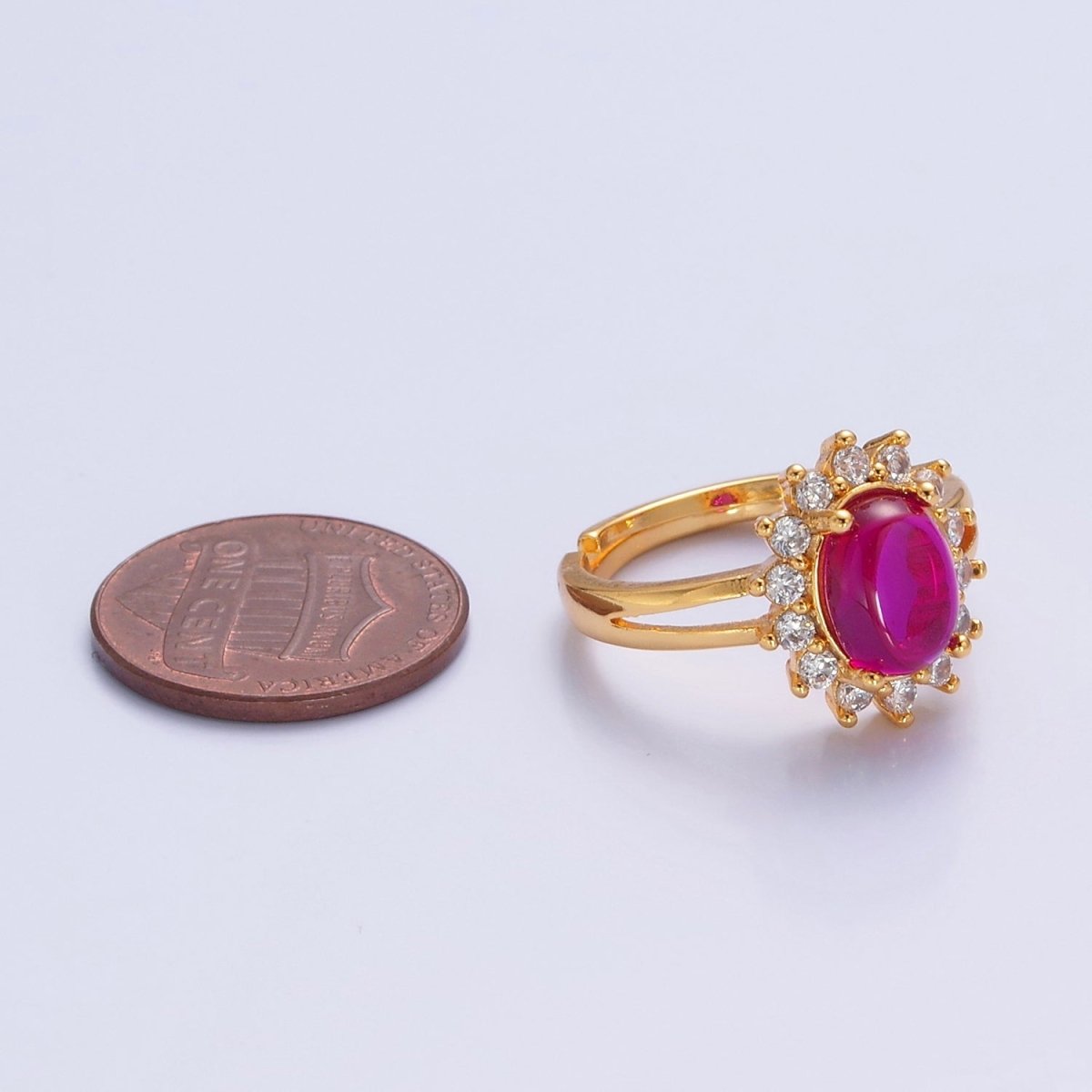 24K Gold Filled Celestial Sun Ring with Oval Fuchsia Jade Stone O-769 - DLUXCA
