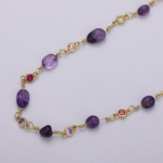 24K Gold Filled Chain by Yard, Amethyst Stone Micro Pave Cubic Round Charm Chain, Semiprecious Jade Gemstone Chain | ROLL-337 Clearance Pricing - DLUXCA