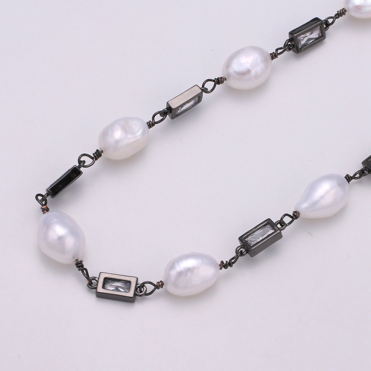 24K Gold Filled Chain by Yard, Baroque Pearl Micro Pave Clear Cubic Square Charm Chain, White Pearl CZ | ROLL-349, ROLL-350, ROLL-351 Clearance Pricing - DLUXCA