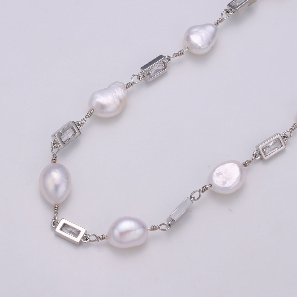 24K Gold Filled Chain by Yard, Baroque Pearl Micro Pave Clear Cubic Square Charm Chain, White Pearl CZ | ROLL-349, ROLL-350, ROLL-351 Clearance Pricing - DLUXCA