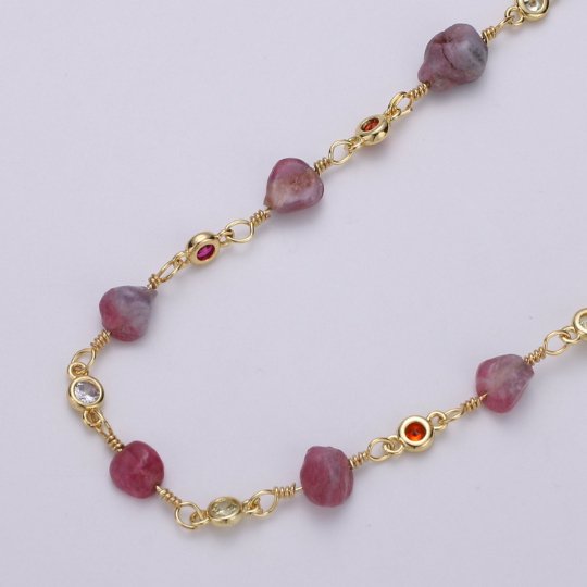 24K Gold Filled Chain by Yard, Rhodonite Micro Pave, Cubic Round Charm Chain, Multicolor Rhondonite | ROLL-328 Clearance Pricing - DLUXCA