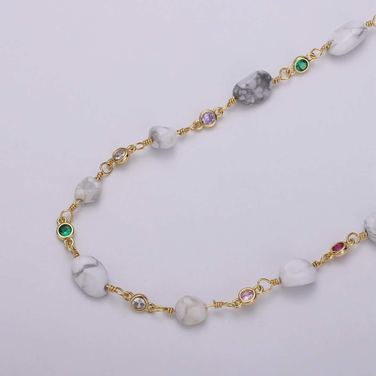 24K Gold Filled Chain by Yard, White Howlite Stone Micro Pave Cubic Round Charm Chain, Semiprecious Opaque Stone Howlite Chain | ROLL-336 Clearance Pricing - DLUXCA