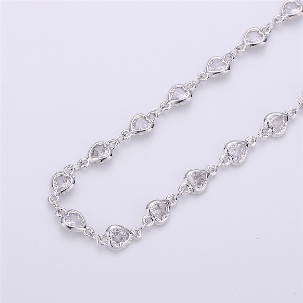 24K Gold Filled Chain Heart CZ Chain by Yard, Bulk Chain By Yard, Cubic Chains, Tiny CZ Chains, Ideal for Lariat Necklace Long Necklace, White Gold Filled, DESIGNED Chain | ROLL-117, ROLL-118 Clearance Pricing - DLUXCA