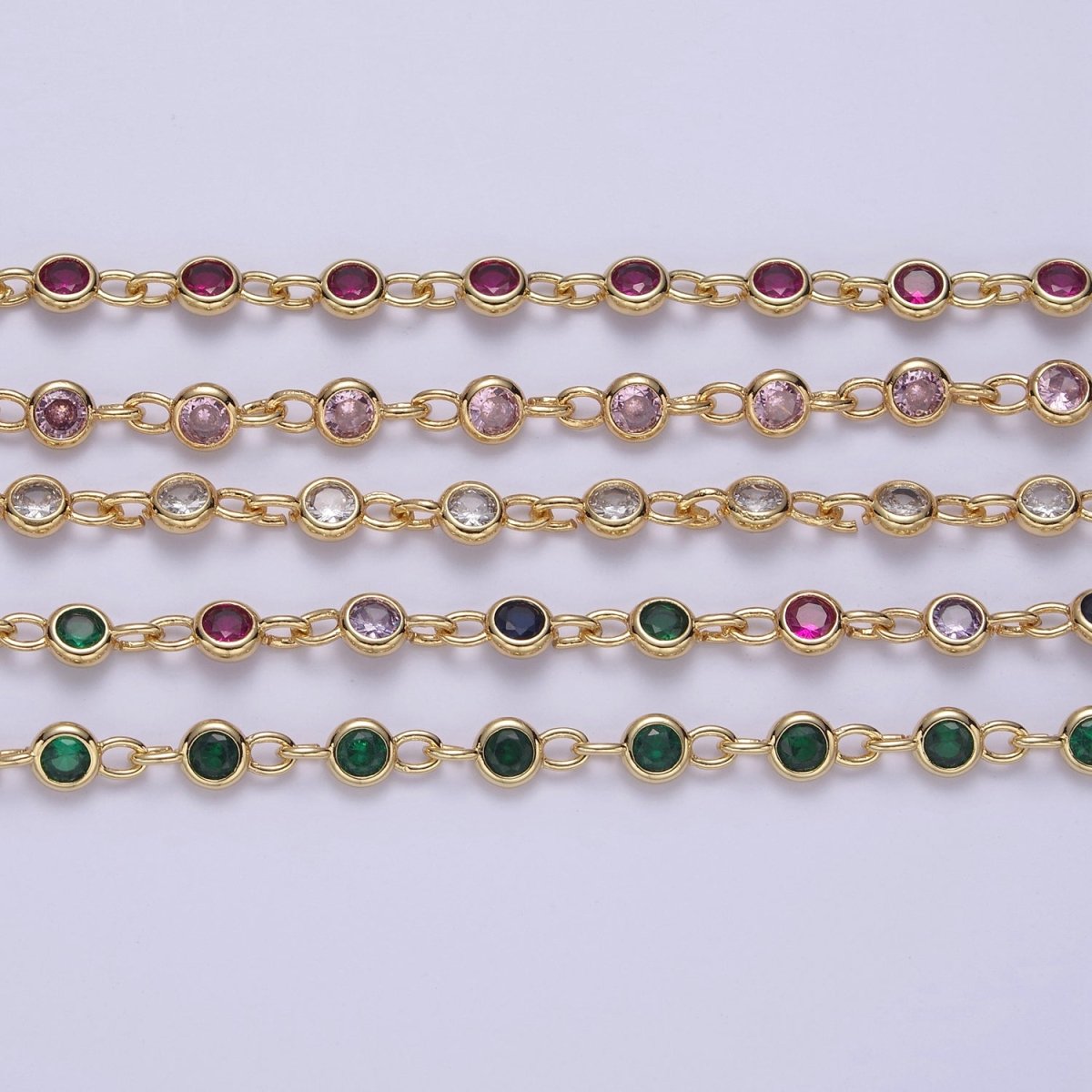 24k Gold Filled Chain Round CZ Chain by Foot / Yard Bulk Chain Round Bezel Cut Cubic Chains 5mm CZ Chain Unsoldered | ROLL-743 744 745 746 Clearance Pricing - DLUXCA