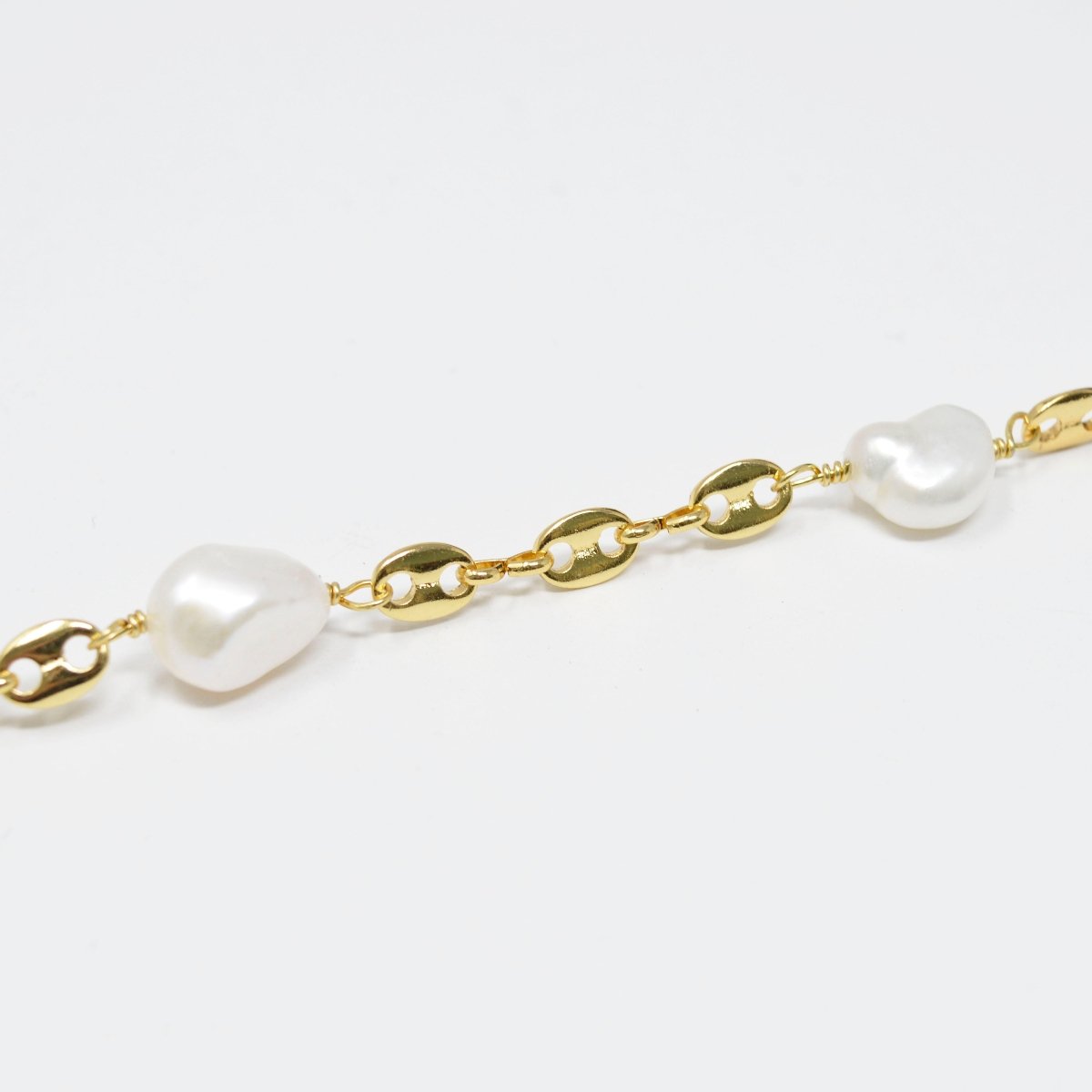 24K Gold Filled Charm Chain by Yard, Baroque Mother Pearl Paper Clip Link Chain by Yard, White Pearl Chain, Unfinished Mariner Chain | ROLL-423 Clearance Pricing - DLUXCA