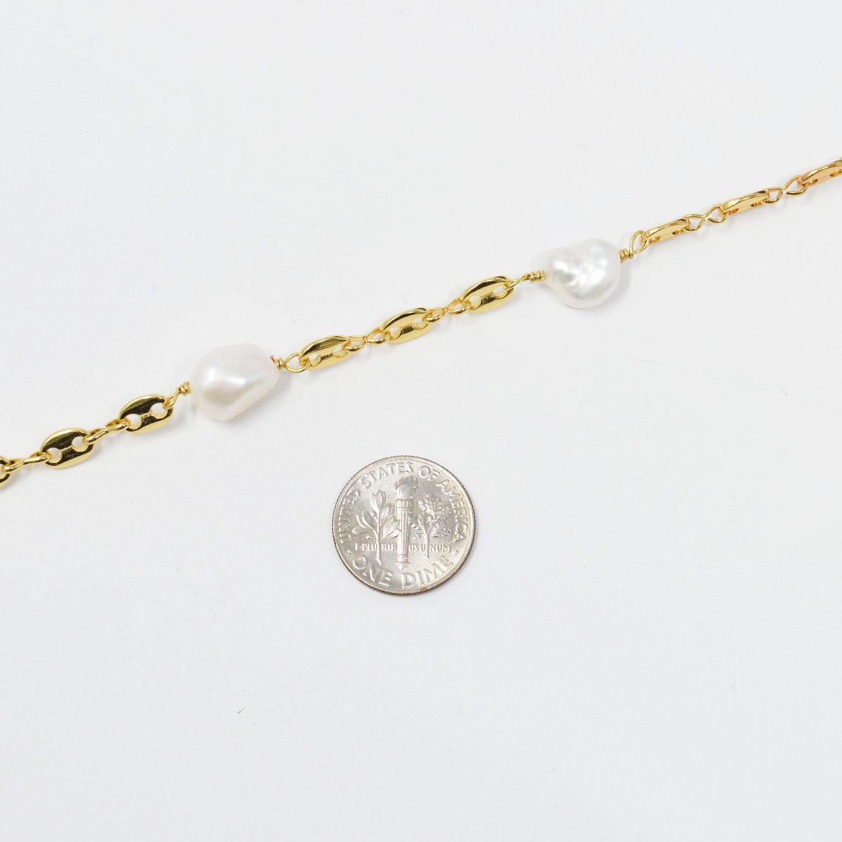 24K Gold Filled Charm Chain by Yard, Baroque Mother Pearl Paper Clip Link Chain by Yard, White Pearl Chain, Unfinished Mariner Chain | ROLL-423 Clearance Pricing - DLUXCA