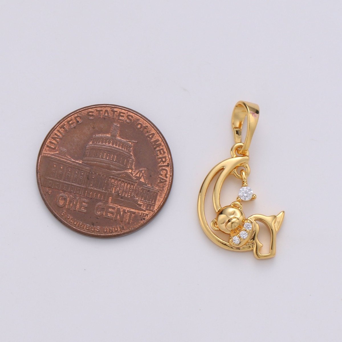 24k Gold Filled Charm Sleeping Teddy Bear On Crescent Moon with Cz Micro Pave Charms for Kids Daughter Necklace Christmas Jewelry Gift IDea J-081 - DLUXCA