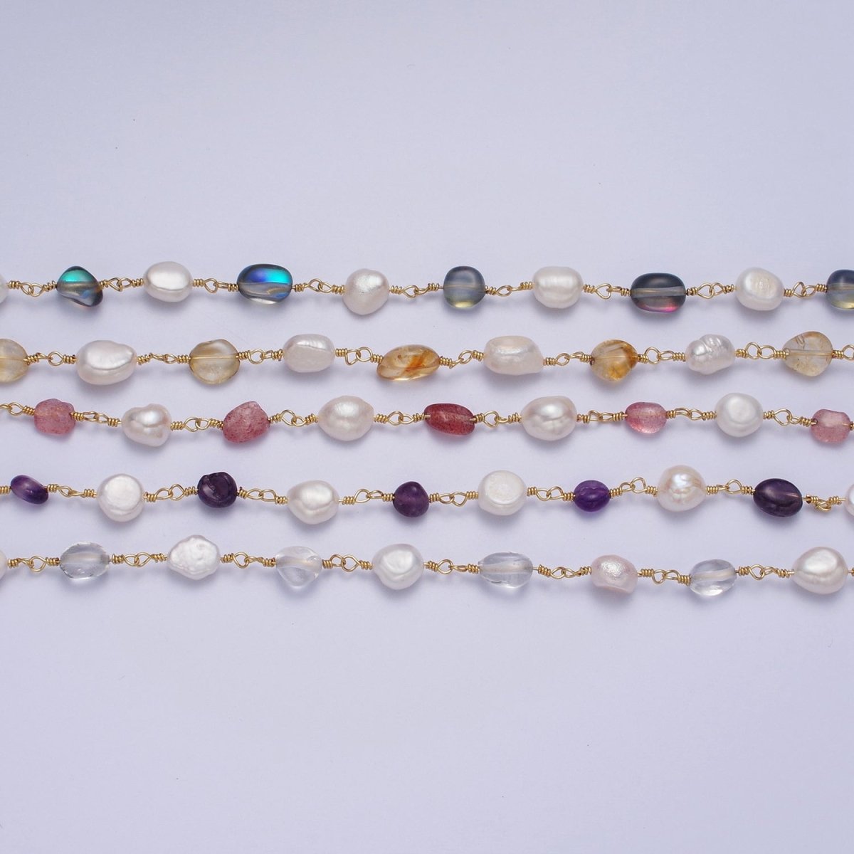 24K Gold Filled Chunky Pearl Gemstone Rose Quartz, Amethyst, Citrine, Moonstone Wire Wrapped Rosary Chain for Jewelry Making Supply | ROLL-1013 1014 1015 1016 1017 Clearance Pricing - DLUXCA