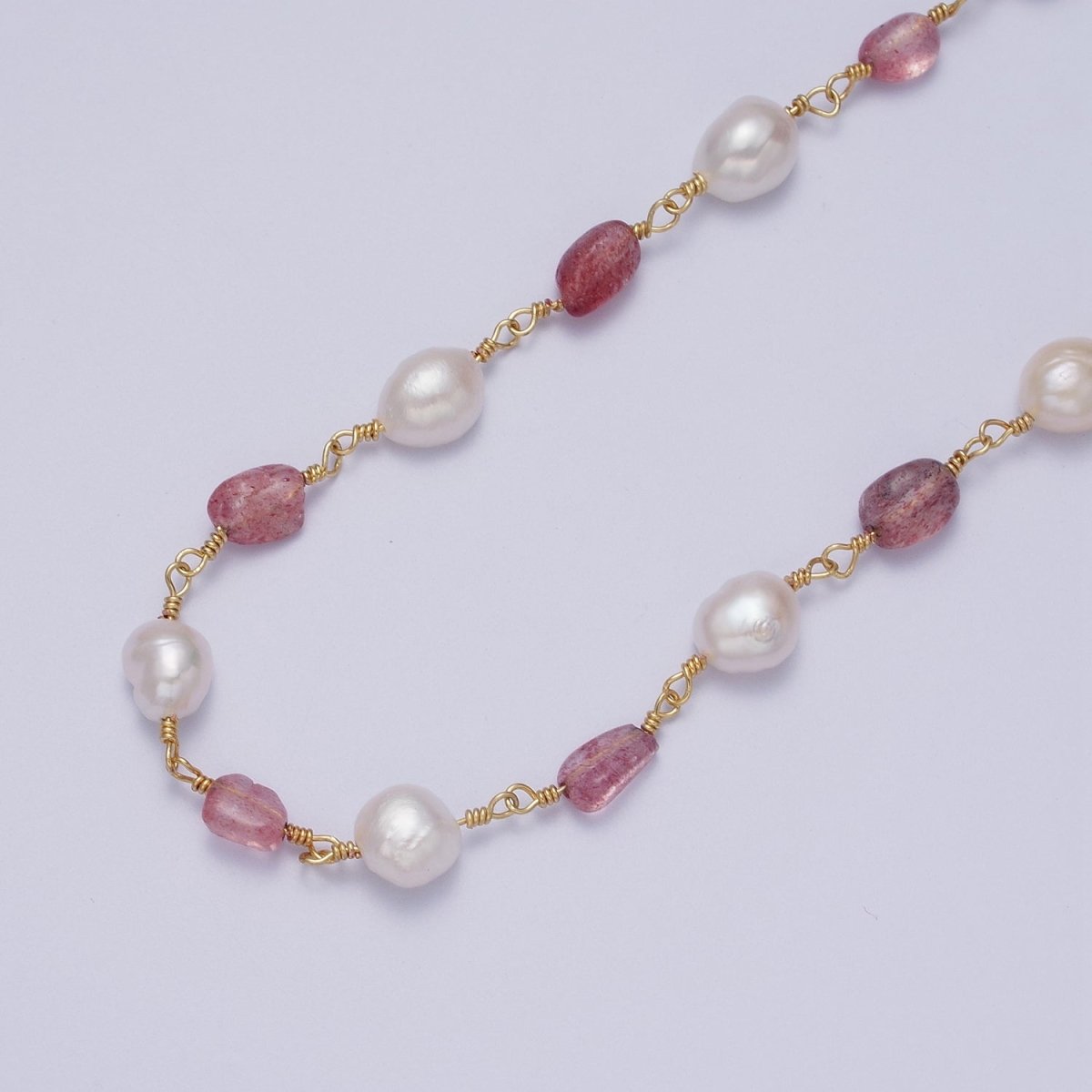 24K Gold Filled Chunky Pearl Gemstone Rose Quartz, Amethyst, Citrine, Moonstone Wire Wrapped Rosary Chain for Jewelry Making Supply | ROLL-1013 1014 1015 1016 1017 Clearance Pricing - DLUXCA