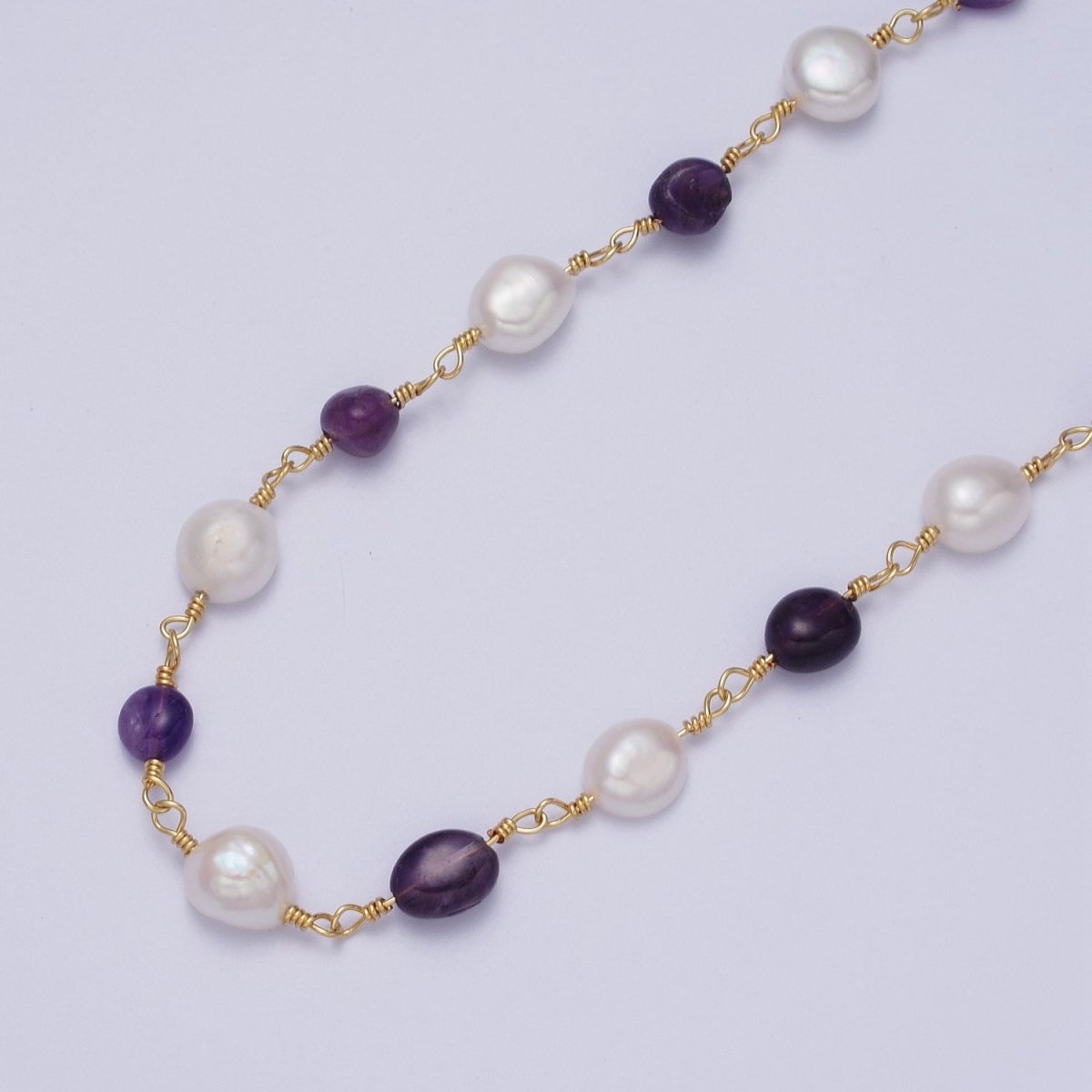 24K Gold Filled Chunky Pearl Gemstone Rose Quartz, Amethyst, Citrine, Moonstone Wire Wrapped Rosary Chain for Jewelry Making Supply | ROLL-1013 1014 1015 1016 1017 Clearance Pricing - DLUXCA