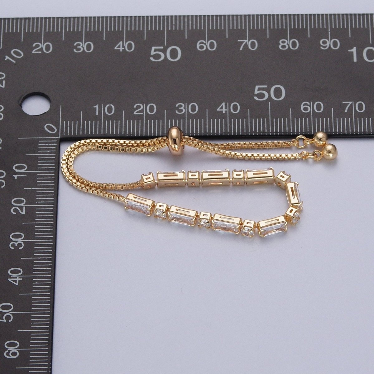 24K Gold Filled Clear Baguette Cubic Zirconia Adjustable Bracelet Chain | WA-1002 - DLUXCA