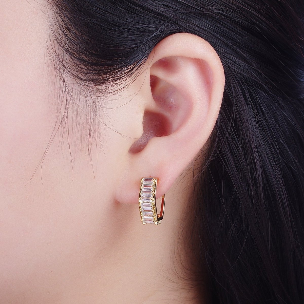 24K Gold Filled Clear Baguette Cubic Zirconia Hexagonal Open C Shaped Double Band Stud Earrings T-132 - DLUXCA