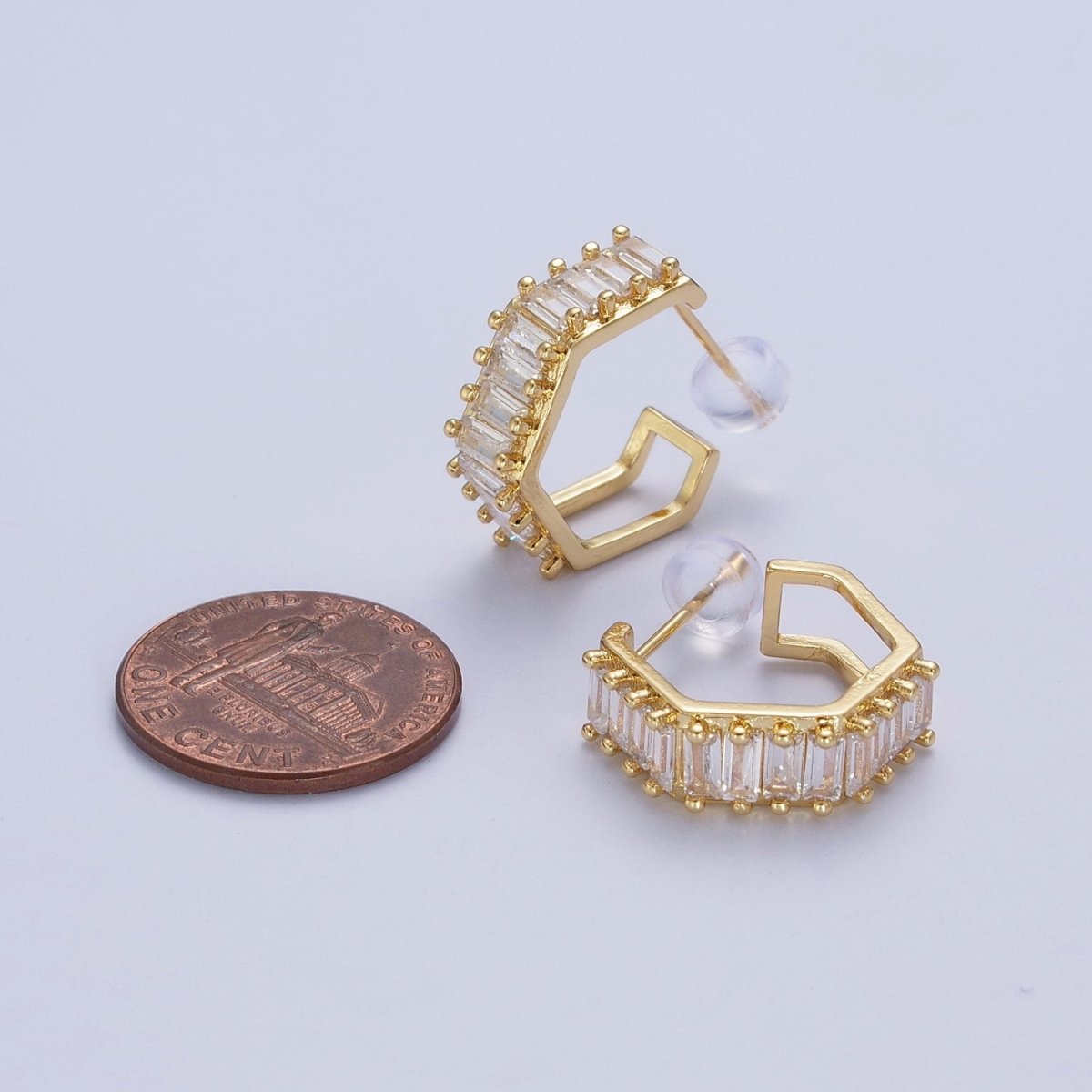 24K Gold Filled Clear Baguette Cubic Zirconia Hexagonal Open C Shaped Double Band Stud Earrings T-132 - DLUXCA
