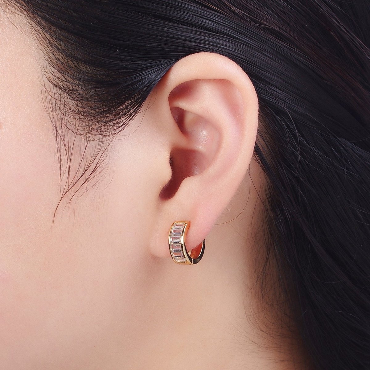 24K Gold Filled Clear Baguette Cubic Zirconia Simple Minimalist Small Hoops Gold Huggies Earrings Q-149 X-829 - DLUXCA