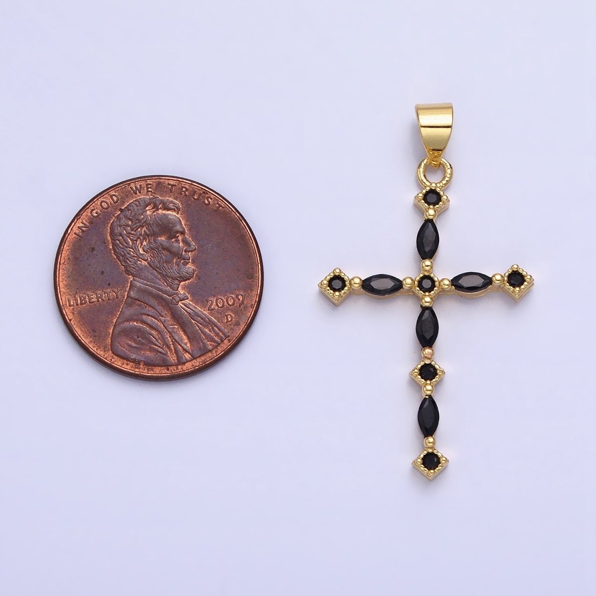 24K Gold Filled Clear, Black Marquise CZ Lined Religious Thin Cross | AA-231 AA-232 - DLUXCA