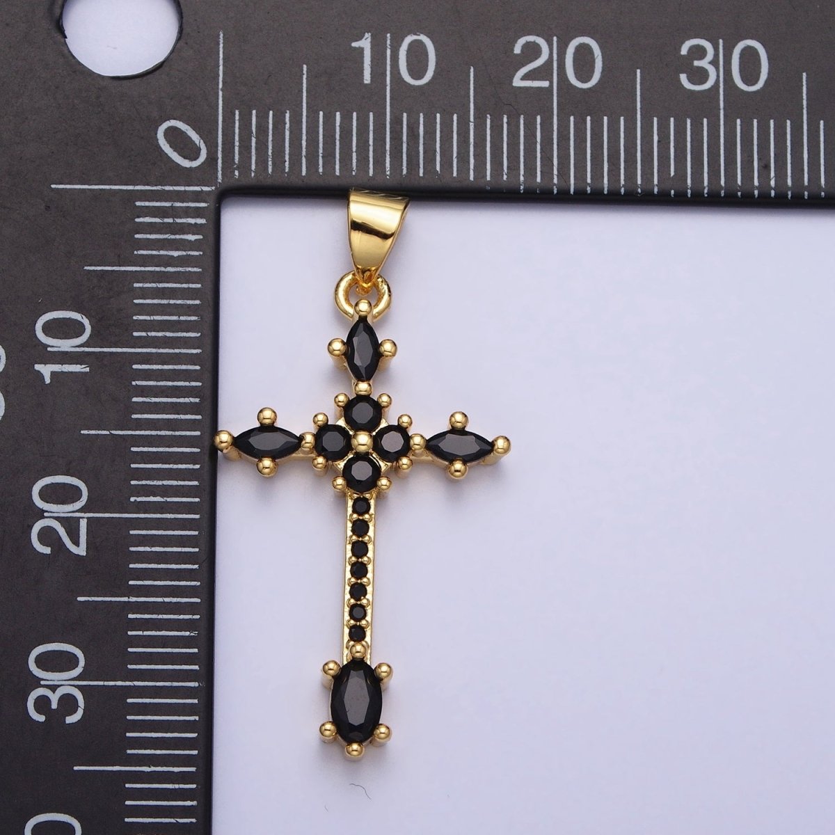 24K Gold Filled Clear, Black Marquise Micro Paved CZ Religious Cross Pendant | AA205 AA209 - DLUXCA
