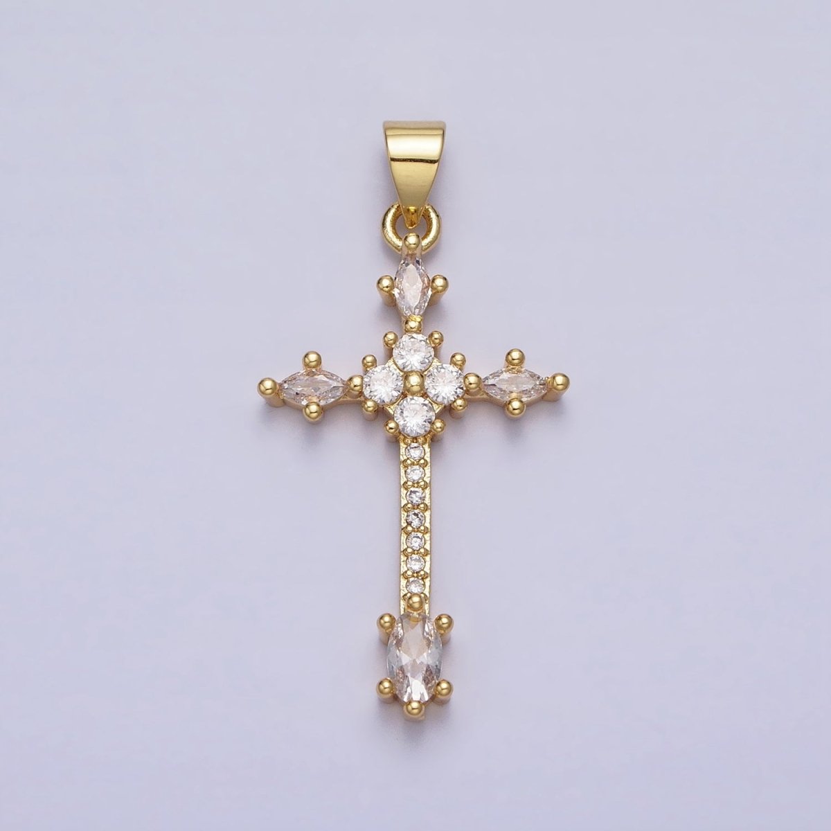 24K Gold Filled Clear, Black Marquise Micro Paved CZ Religious Cross Pendant | AA205 AA209 - DLUXCA