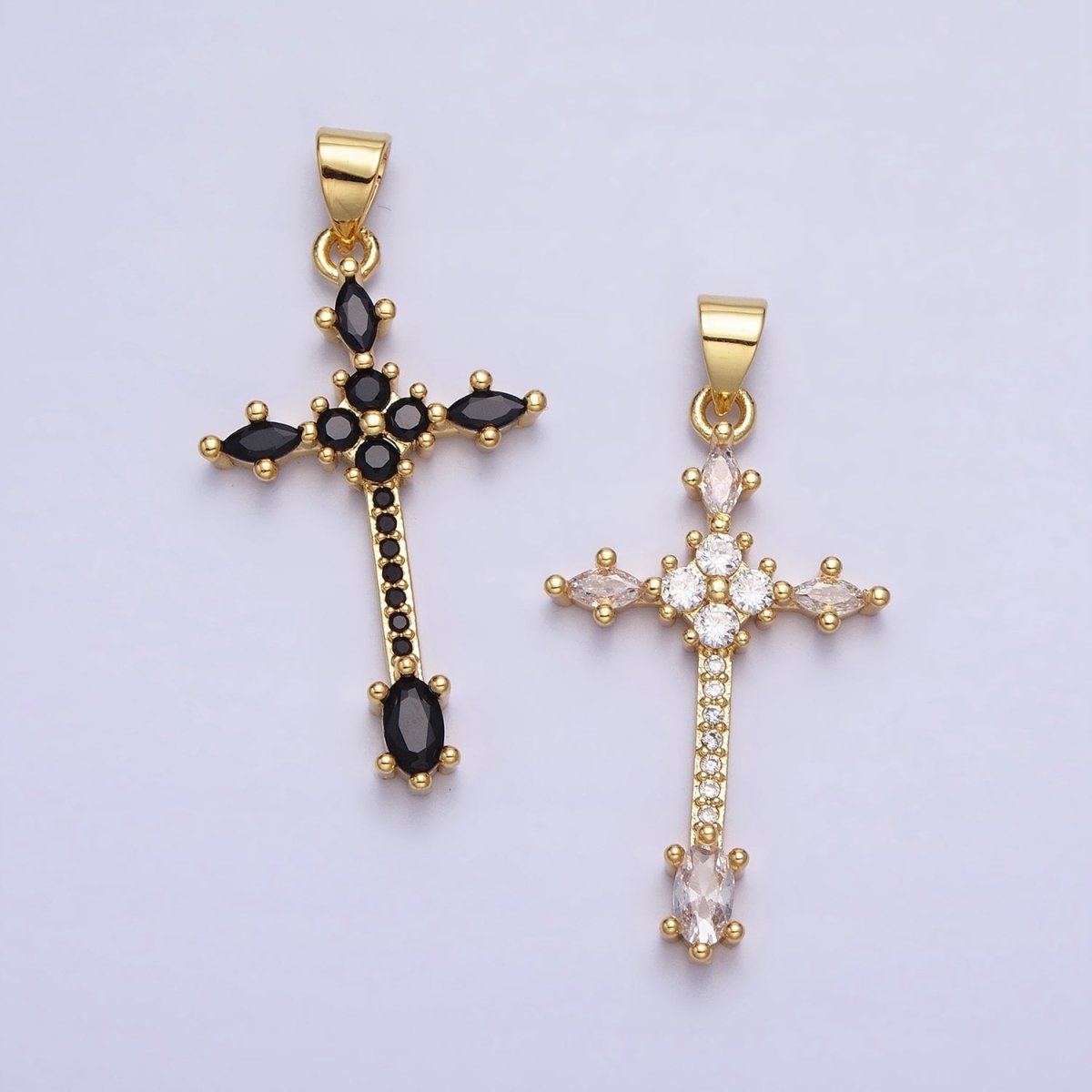 24K Gold Filled Clear, Black Marquise Micro Paved CZ Religious Cross Pendant | AA205 AA209 - DLUXCA