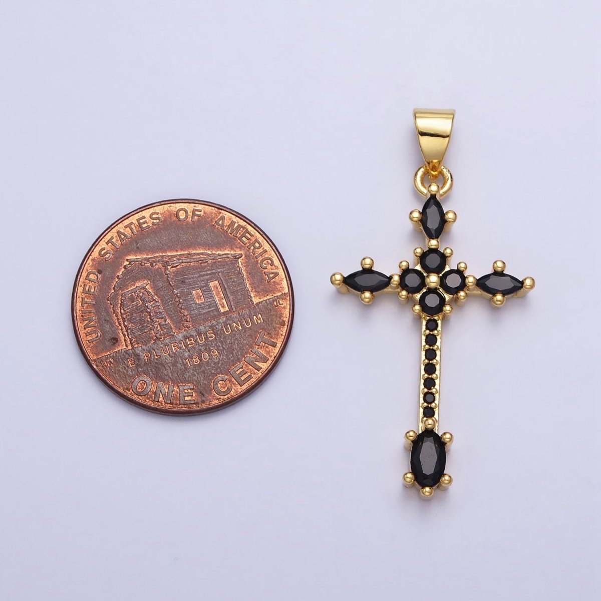 24K Gold Filled Clear, Black Marquise Micro Paved CZ Religious Cross Pendant | AA205 AA209 - DLUXCA