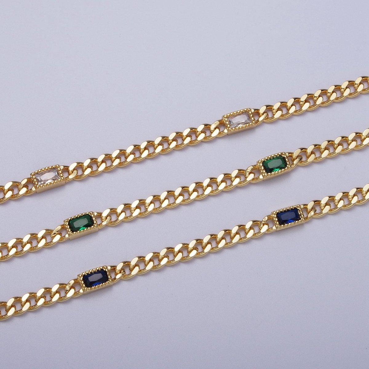 24K Gold Filled Clear, Blue, Green Baguette CZ 3.8mm Curb Chain 6.75 Inch Bracelet | WA-1506 - WA-1508 Clearance Pricing - DLUXCA