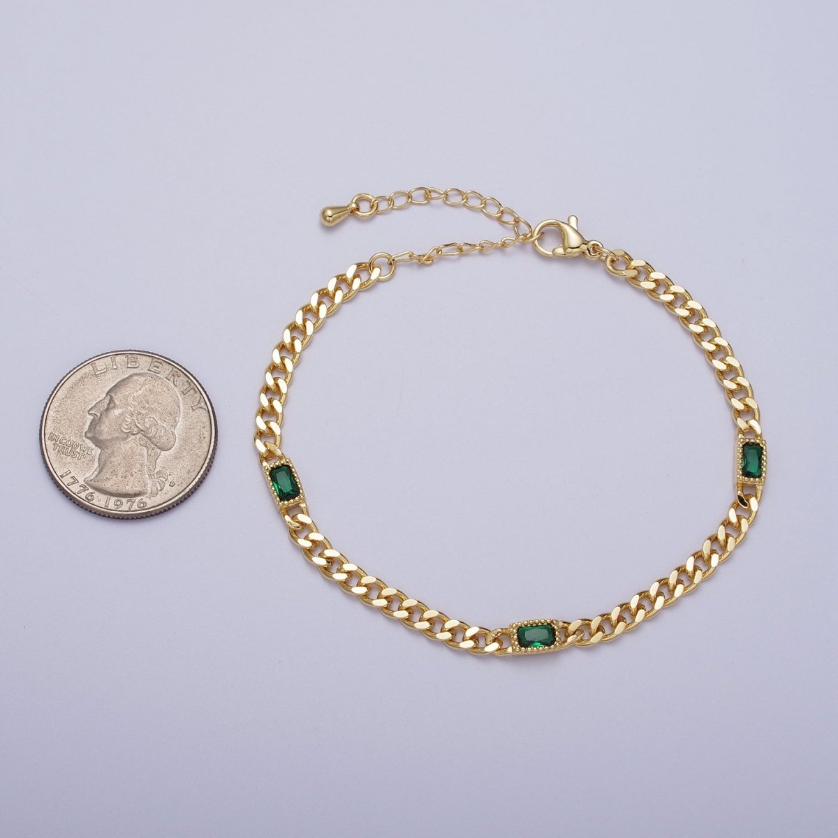 24K Gold Filled Clear, Blue, Green Baguette CZ 3.8mm Curb Chain 6.75 Inch Bracelet | WA-1506 - WA-1508 Clearance Pricing - DLUXCA