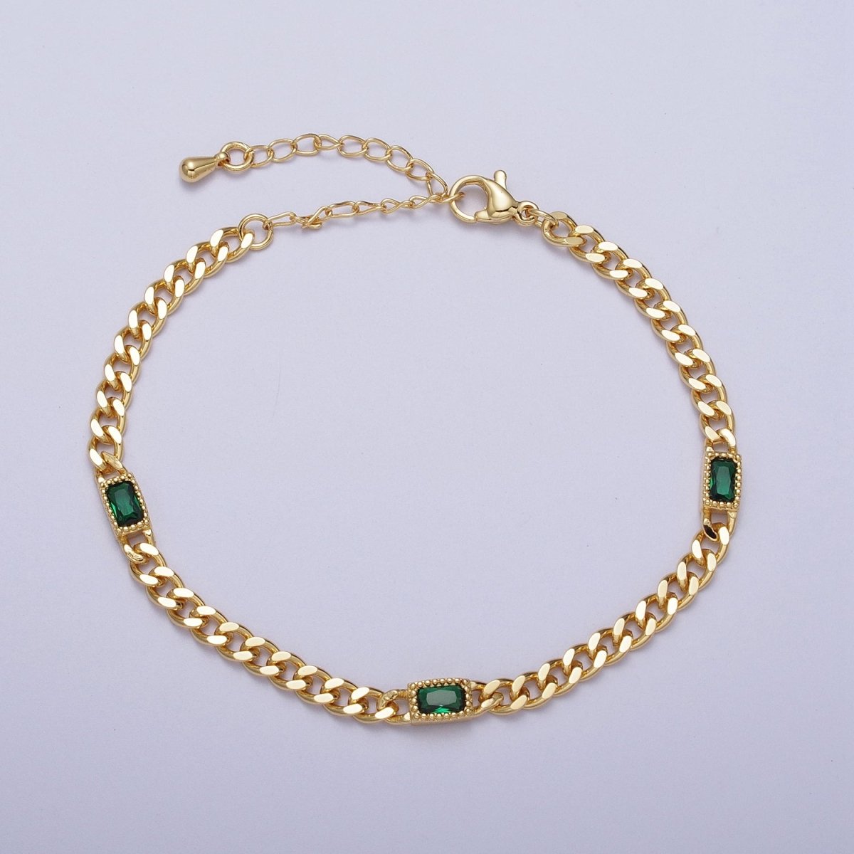24K Gold Filled Clear, Blue, Green Baguette CZ 3.8mm Curb Chain 6.75 Inch Bracelet | WA-1506 - WA-1508 Clearance Pricing - DLUXCA