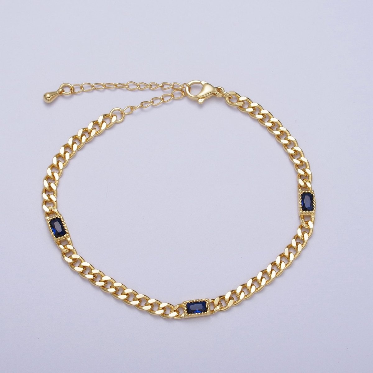 24K Gold Filled Clear, Blue, Green Baguette CZ 3.8mm Curb Chain 6.75 Inch Bracelet | WA-1506 - WA-1508 Clearance Pricing - DLUXCA